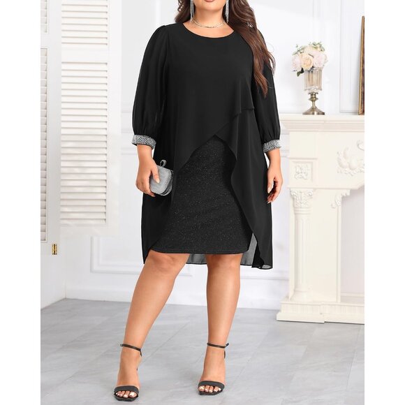 Plus Size Cocktail Dress Chiffon Cape Glitter Evening Party Wedding Guest - Picture 3 of 5